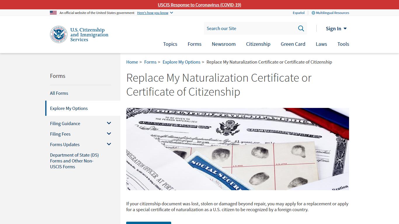 Replace My Naturalization Certificate or Certificate of Citizenship